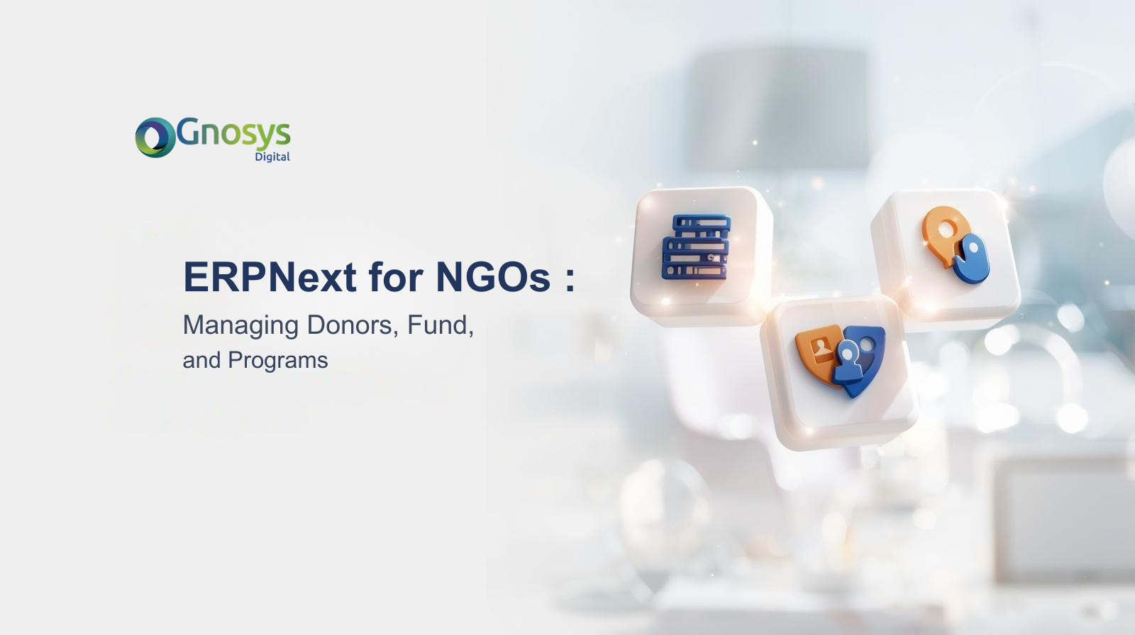 A professional digital dashboard showing ERPNext modules for NGO management including Donor CRM, Fund Tracking, and Program Impact.