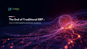 Illustration showing the transformation from traditional ERP systems to AI-powered business intelligence with connected data and analytics.