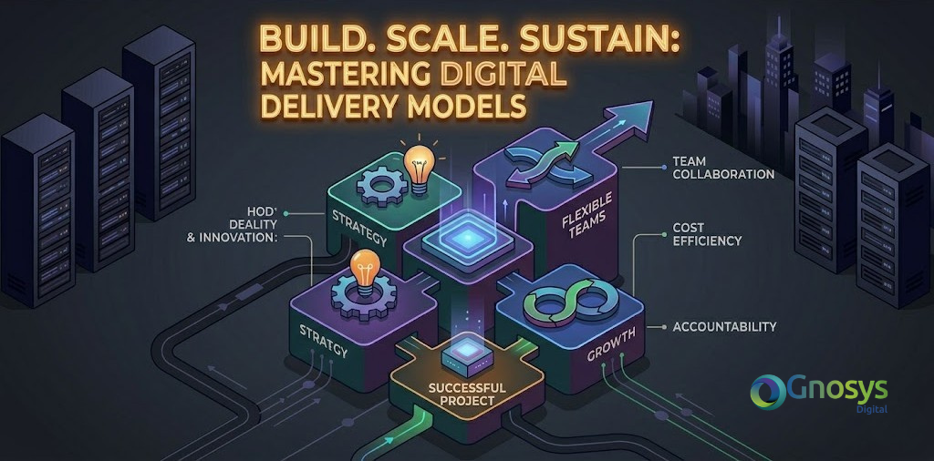 Alt Text: A blog card interface from Gnosys showing six different professional ERP-related articles with the central banner title "BUILD. SCALE. SUSTAIN: MASTERING DIGITAL DELIVERY MODELS". The image displays a grid of six distinct blog posts with clear titles, teaser text, author lines, dates, and 'No Comments' fields