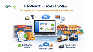 Dashboard view of ERPNext showing multi-store inventory, sales reports, and POS transactions for a retail SME.