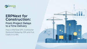 Landscape cover image for a construction ERP case study showing buildings under construction, cranes, project timelines, and digital workflow icons; professional and minimalistic with soft blues and grays; no humans.