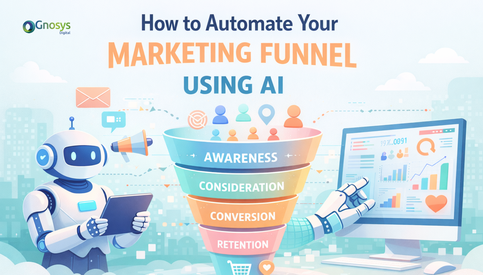 Soft pastel illustration showing an AI-powered marketing funnel with automation stages, robot assistant, and analytics dashboard representing automated digital marketing growth.