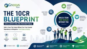 Professional promotional banner for Gnosys Digital’s online roundtable titled “The Leadership & People Blueprint,” featuring expert speakers and a business growth graphic focused on building a scalable team through leadership, delegation, and culture.