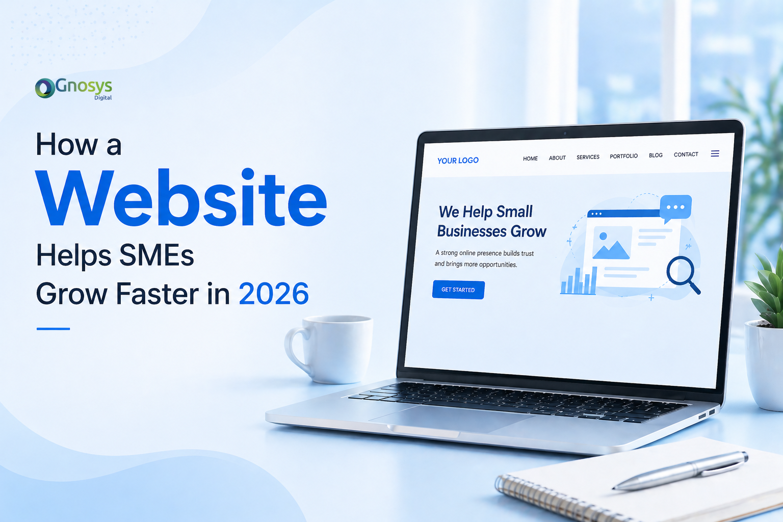 Modern light blue blog cover showing laptop website mockup with text “How a Website Helps SMEs Grow Faster in 2026”