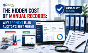 Audit stress concept showing scattered manual records, missing invoices, and compliance challenges highlighting the importance of ERPNext for businesses