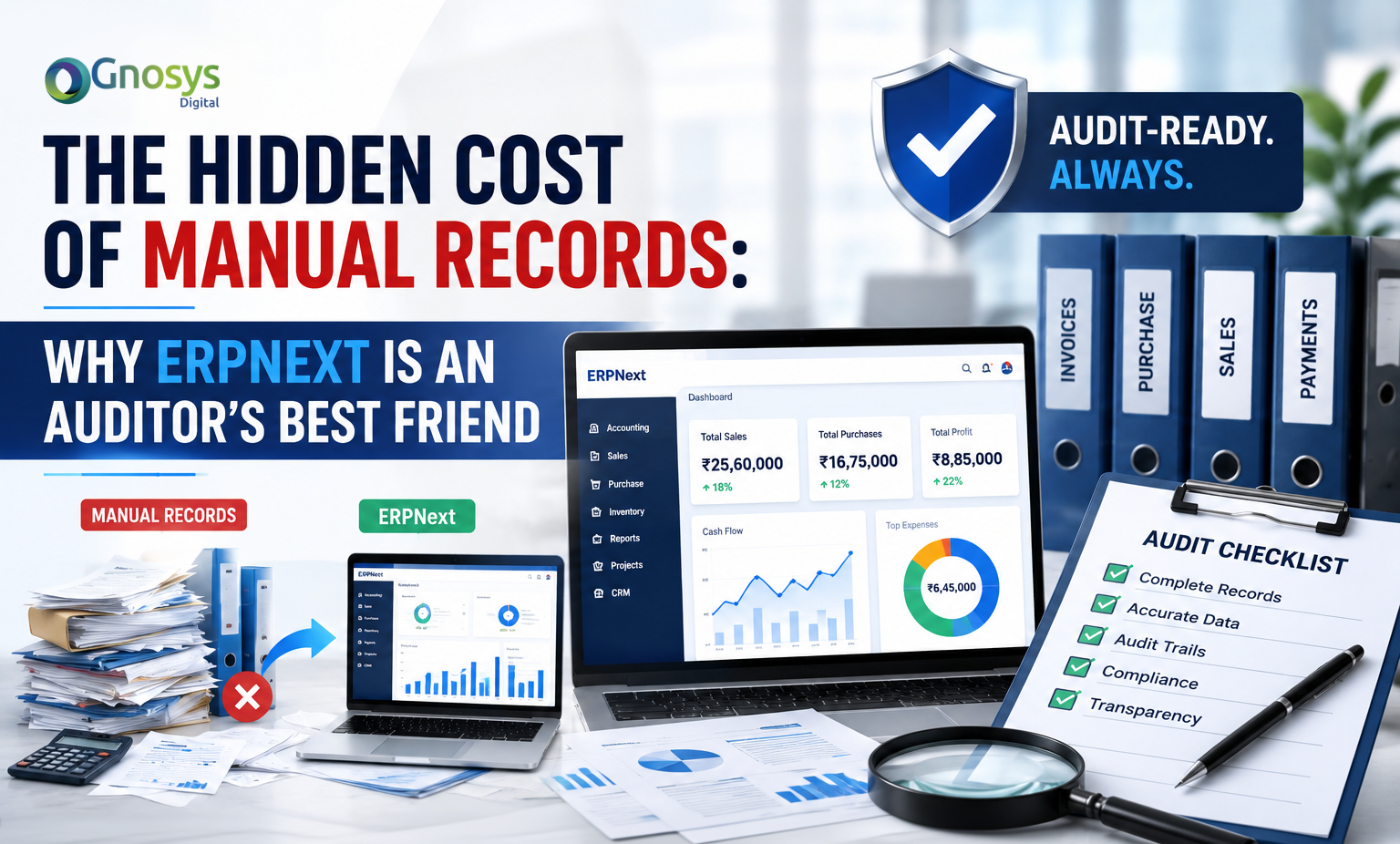 Audit stress concept showing scattered manual records, missing invoices, and compliance challenges highlighting the importance of ERPNext for businesses