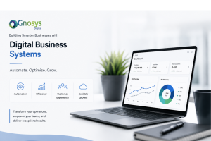 Clean and modern corporate banner illustrating digital business systems, automation, and digital transformation with a minimal workspace and dashboard interface.