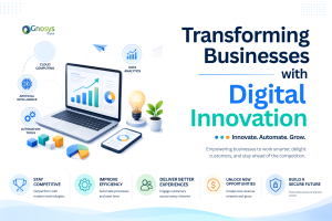 Business team collaborating with digital technology, AI, cloud computing, data analytics, and automation to drive digital innovation and business transformation.
